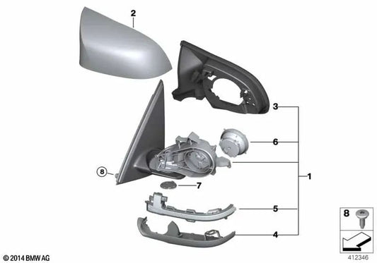 Espejo exterior sin cristal calefactado derecho para BMW X6 F86 (OEM 51168061676). Original BMW.