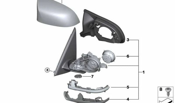 Espejo exterior sin cristal calefactado derecho para BMW F85 (OEM 51168061700). Original BMW