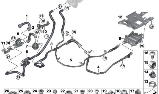 Mangueira de líquido de arrefecimento OEM 64219874296 para BMW (Serve para modelos: F30, F31, F32, F33, F34, F36, F22, F23, F87, F10, F11, F07, F12, F13, G30, G31, E84, F25, F26, G01, G02, F15, F16). BMW originais.