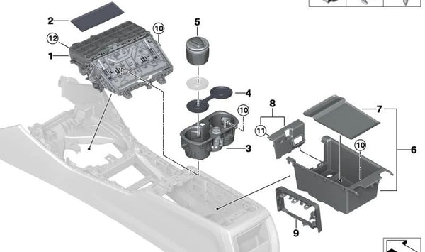 Compartimento central de la consola para BMW G42, G87, G20N, G21N, G28, G80, G81, G22, G23, G26, G82, G83 (OEM 51165A55206). Original BMW