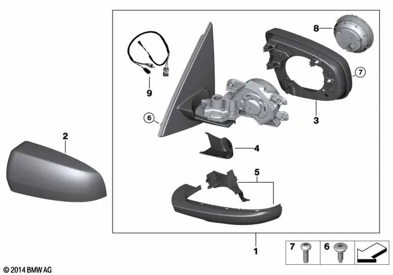 Heated left wing mirror for BMW X5 E70, E70N (OEM 51167179633). Original BMW.