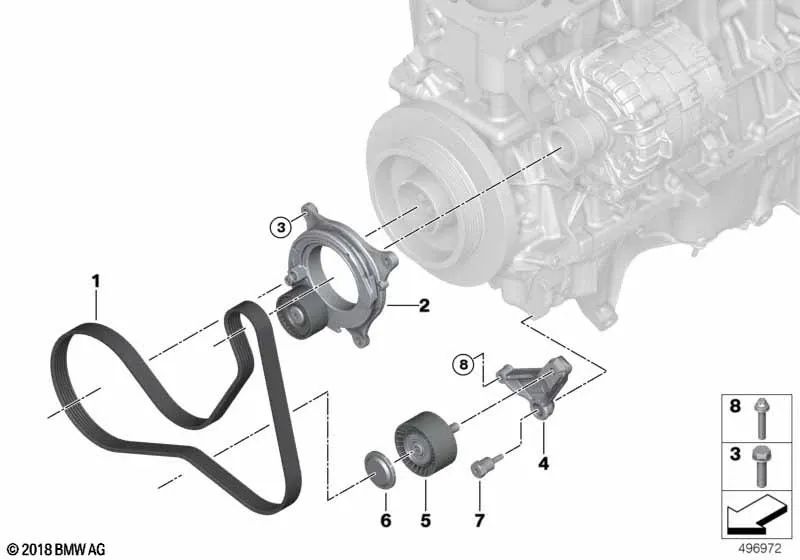 Correa trapezoidal para BMW G87, G20N, G21N, G80, G81, G26, G82, G83, G30, G31, G11, G12, F97, F98, G05, G06, G07 (OEM 11288581628). Original BMW.