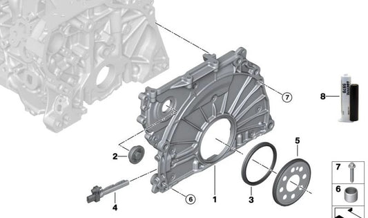 Chain case cover for BMW G20, G21, G22, G23, G26, G30, G31, G32, G11, G12, G14, G15, G16, G01, G02, G05, G06, G07, G70 (OEM 11149887744). Original BMW