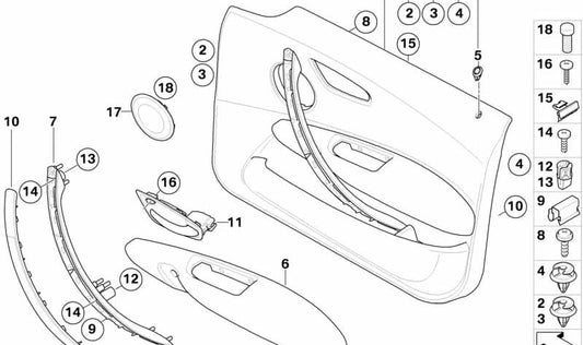 Panel de puerta de cuero delantero derecho OEM 51418048842 para BMW Serie 1 E87. Original BMW.