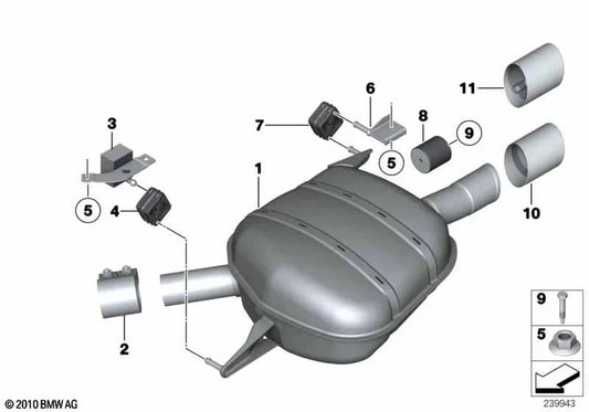 Rear left silencer for BMW 5 Series F07 (OEM 18307646927). Original BMW.