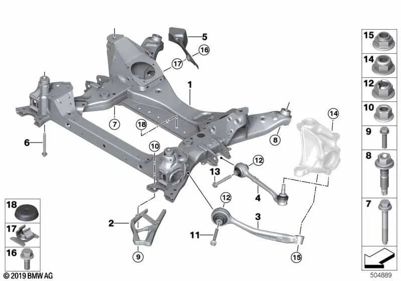 Suspension arm with right rubber mount for BMW X3 F97, F97N X4 Series F98, F98N (OEM 31108067432). Genuine BMW.