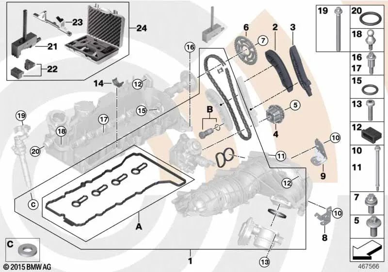 Reparación de Kit de Cadena Abierta Superior para BMW E81, E82, E87N, E88, E90, E90N, E91, E91N, E92, E93, E60N, E61N, X1 E84, X3 E83N (OEM 11312365578). Original BMW