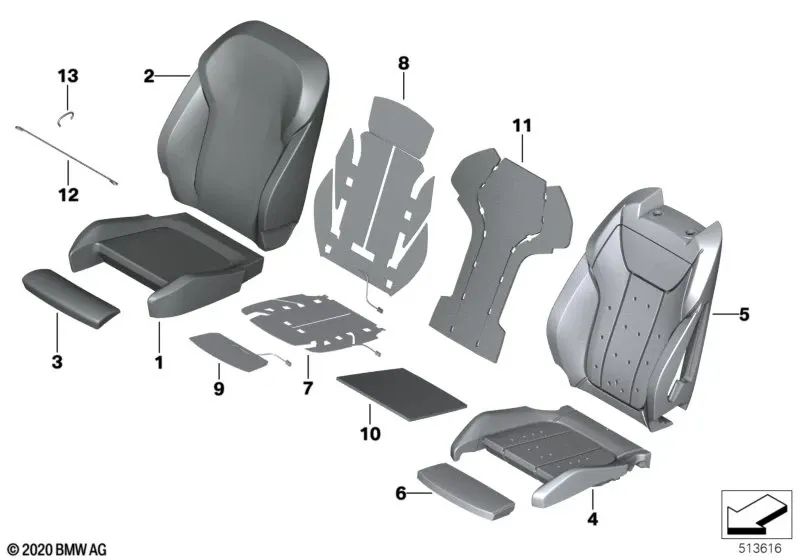 Right sports backrest foam piece for BMW 3 Series G20, G20N, G21, G21N, 4 Series G26, X3 F97, F97N, G01, G01N, G08, X4 F98, F98N, G02, G02N (OEM 52106994380). Genuine BMW