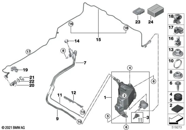 Elemento de Desacoplamiento para BMW F40, F44, F45N, F46N, G30, G30N, G31, G31N, G32, G32N, G14, G15, G16, F48, F48N, F39, G05, G05N, G06, G06N, G07, G07N. Original BMW (OEM 16198741744)