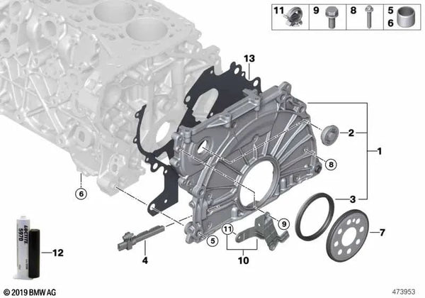 Kettenkastendeckel para BMW Serie 1 F20, F21, Serie 3 G20, G21, Serie 5 G30, G31, Serie 6 G32, Serie 7 G11, G12, Serie 8 G14, G15, G16, X3 G01, X4 G02, X5 G05, X6 G06, X7 G07 (OEM 11148591626). Original BMW