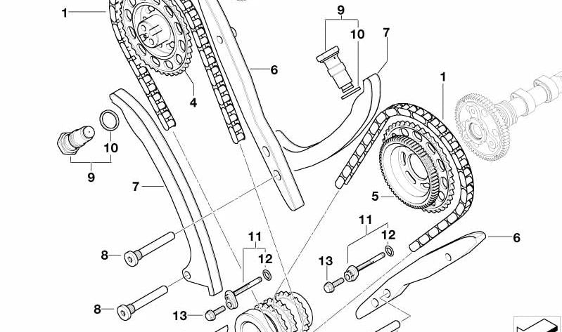 Guía de cadena de distribución OEM 11317792694 para BMW E65, E66. Original BMW.