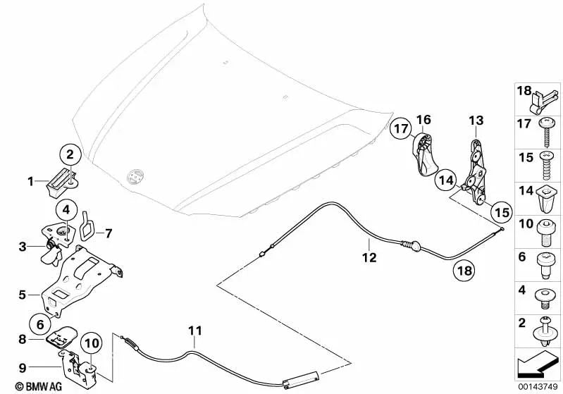 Gancho de sujeción para capó delantero para BMW E81, E82, E87 (OEM 51237209009). Original BMW.