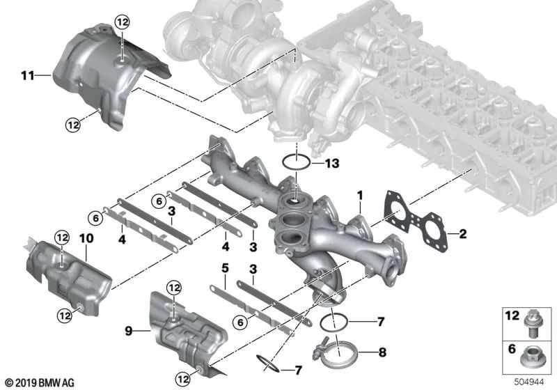 Exhaust manifold for BMW 5 Series G30, G31 7 Series G11, G12, X5 G05, X6 G06, X7 G07 (OEM 11628575132). Genuine BMW