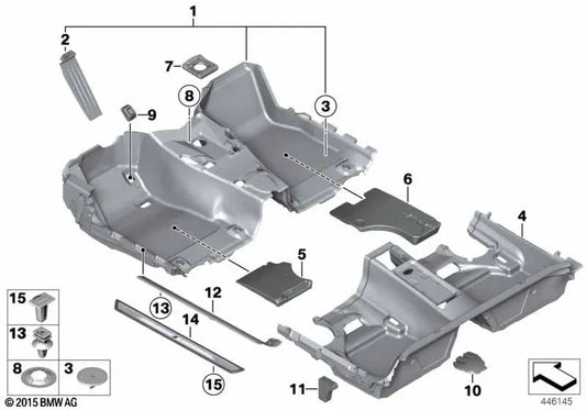 Revestimiento del suelo delantero para BMW F20, F21, F22, F23, F87 (OEM 51477272637). Original BMW.