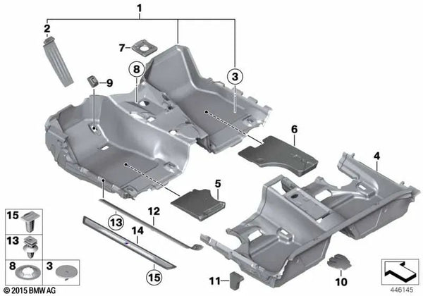 Revestimiento del suelo delantero para BMW F20, F21, F22, F23, F87 (OEM 51477272637). Original BMW.