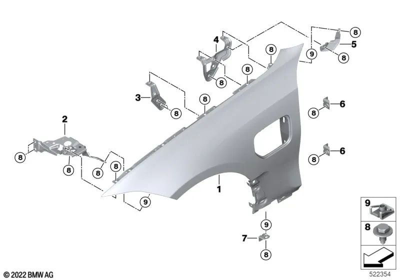 Soporte pared lateral delantera derecha para BMW G20, G20N, G21, G21N, G28, G28N (OEM 41008494434). Original BMW.