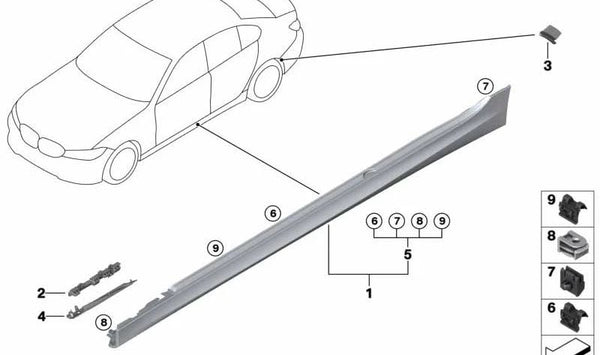 Cubierta del umbral imprimada izquierda para BMW Serie 3 G28, G28N (OEM 51779449615). Original BMW