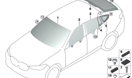 Cristal de ventanilla lateral OEM 51337475833 para BMW G06 (X6) y F96 (X6 M). Original BMW.