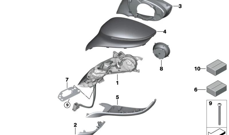 Espejo lateral sin componentes de montaje derecho para BMW I12, I15 (OEM 51167393250). Original BMW