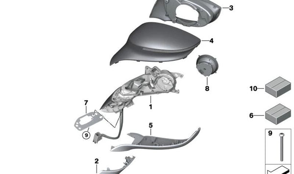 Tapa de espejo exterior derecha para BMW I12, I15 (OEM 51167393266). Original BMW