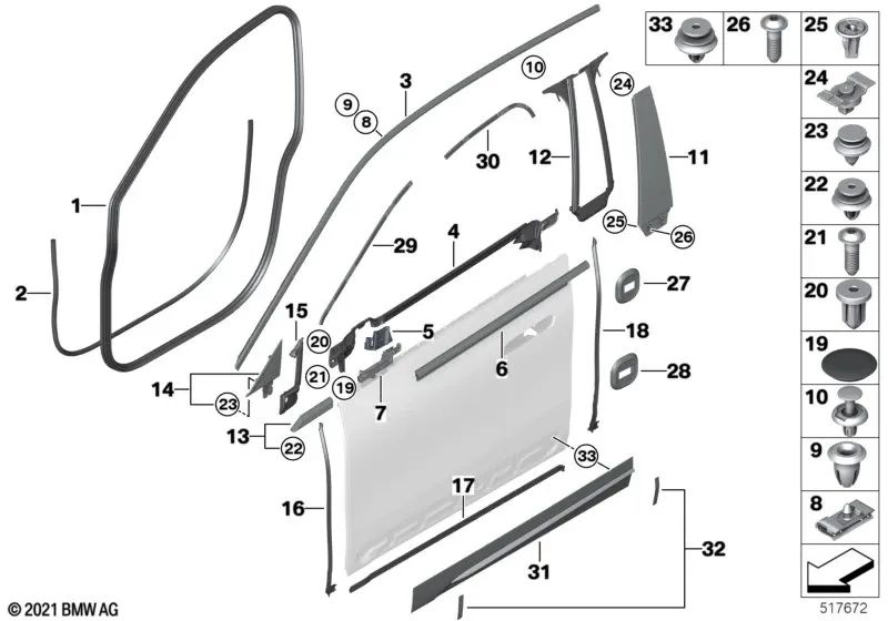 Listón embellecedor pilar A izquierdo para BMW i20 (OEM 51338491341). Original BMW.