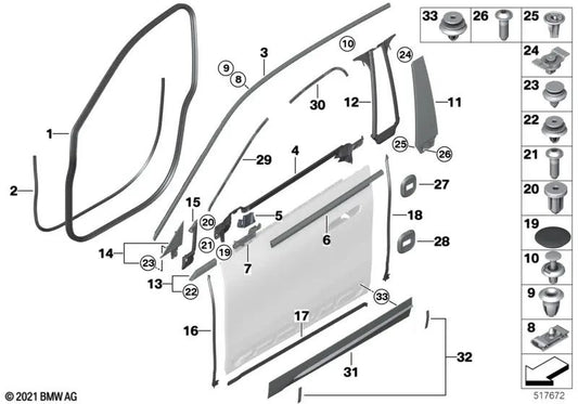 Listón embellecedor pilar A izquierdo para BMW i20 (OEM 51338491341). Original BMW.