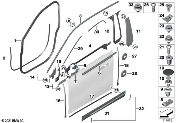 Clip para marco de techo para BMW E81, E82, F21, F22, F23, F44, F87, G42, E92, F34, F32, F36, F82, G22, G26, F07, F06, G32, F92, F93, G15, G16, I20 (OEM 51765A71150). Original BMW.