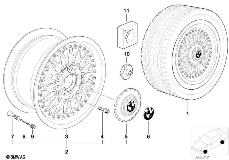 Cubierta de buje para BMW E36, E34, E39, E32, E38, E31 (OEM 36131181068). Original BMW