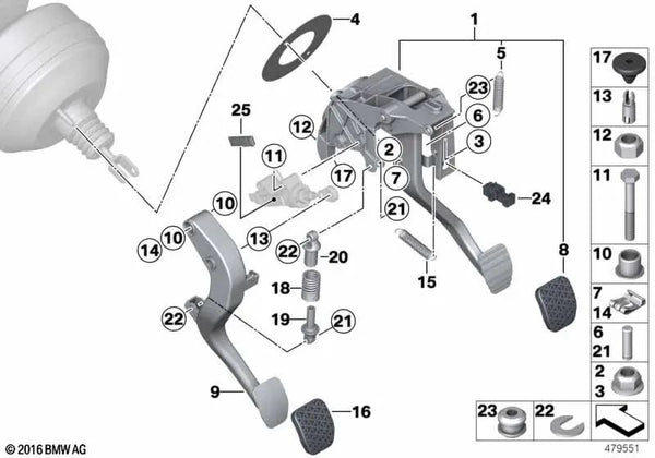 Conjunto de pedales completo para BMW F20N, F21N, F22, F22N, F23, F23N, F30, F30N, F31, F31N, F34, F34N, F35N, F32, F32N, F33, F33N, F36, F36N (OEM 35006876793). Original BMW