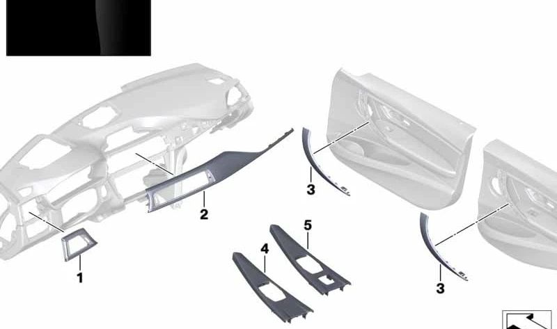 Revestimiento de madera para el tablero de instrumentos derecho para BMW Serie 3 F30N, F31N, F34, F80 y Serie 4 F32, F33, F36, F82 (OEM 51457989784). Original BMW