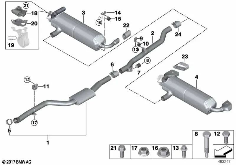 Silenciador delantero para BMW Serie 5 G30, G30N, G31, G31N (OEM 18308652308). Original BMW