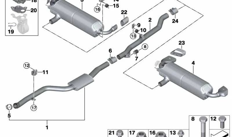 Silenciador delantero para BMW Serie 5 G30, G30N (OEM 18308657600). Original BMW