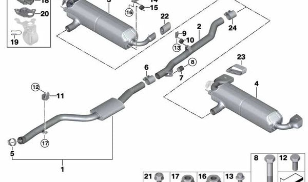 Silenciador delantero para BMW Serie 5 G30, G30N (OEM 18308657600). Original BMW