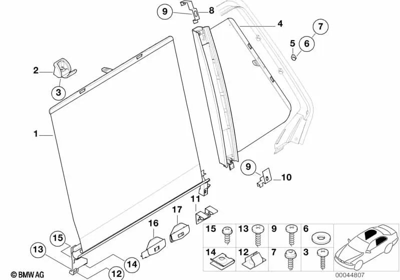 Persiana de protección solar puerta trasera izquierda para BMW E39 (OEM 51167110235). Original BMW