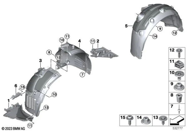 Cubierta de paso de rueda inferior derecha para BMW Serie 5 G60 (OEM 51755A036D4). Original BMW