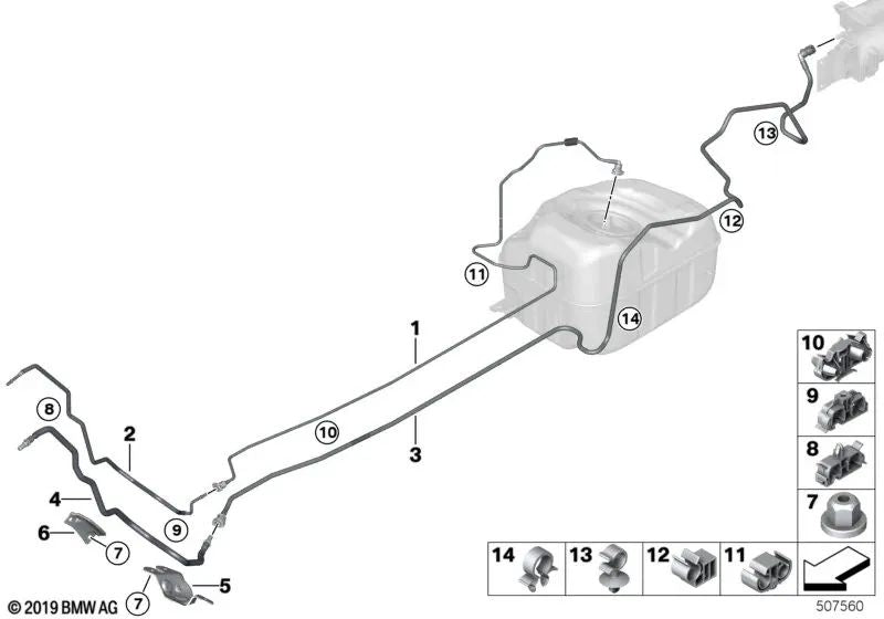 Línea de suministro de combustible para BMW F45, F45N, F48N, F39 y MINI F60, F60N (OEM 16127348731). Original BMW