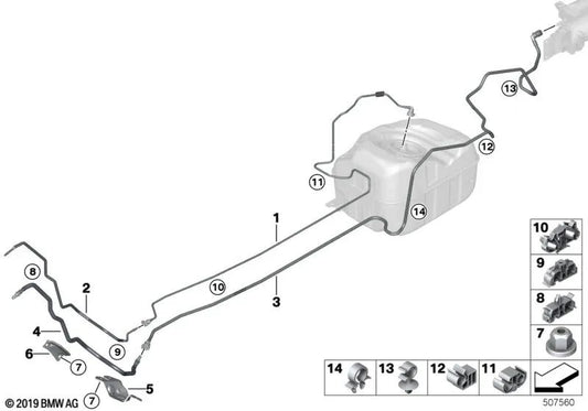 Línea de suministro de combustible para BMW F45, F45N, F48N, F39 y MINI F60, F60N (OEM 16127348731). Original BMW