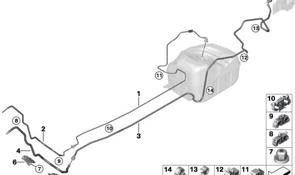 Guardabarros líneas de combustible para BMW F52, Serie 2 F45, F46, X1 F48, F49, X2 F39, MINI F60 (OEM 16117415744). Original BMW