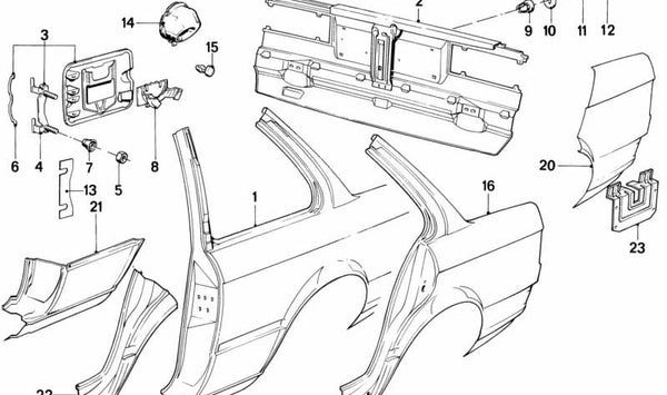 Sección parcial del lateral trasero derecho para BMW Serie 3 E30 (OEM 41351929534). Original BMW