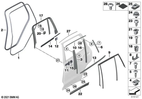 Guía de ventana puerta trasera derecha para BMW X3 G01 (OEM 51357388836). Original BMW.