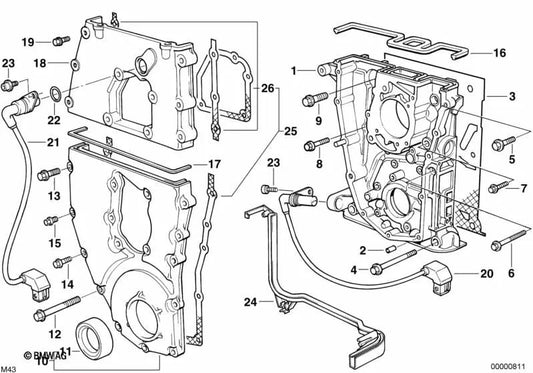 Lower chain case cover for BMW 3 Series E36, E46 5 Series E34 (OEM 11141439645). Genuine BMW