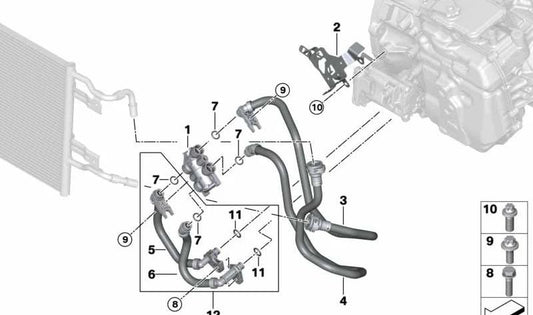 Tubería del radiador de aceite para BMW F45, F48N, F49, F39, F45N, F49N, X1 F39 y MINI F60, F60N (OEM 17229488754). Original BMW