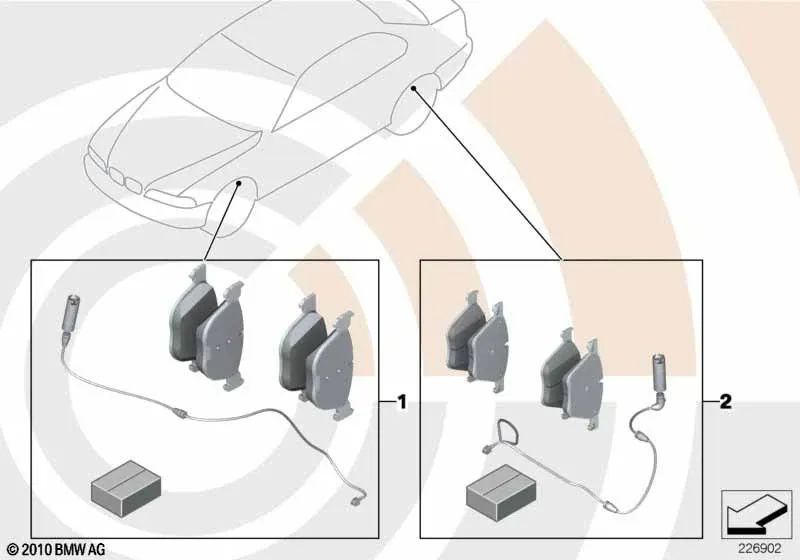 Brake pad set with brake pad sensor for BMW E39 (OEM 34112157589). Original BMW