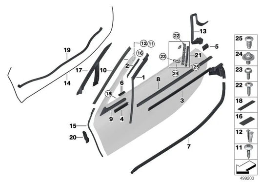 Right window guide for BMW i I15 (OEM 51338494504). Original BMW