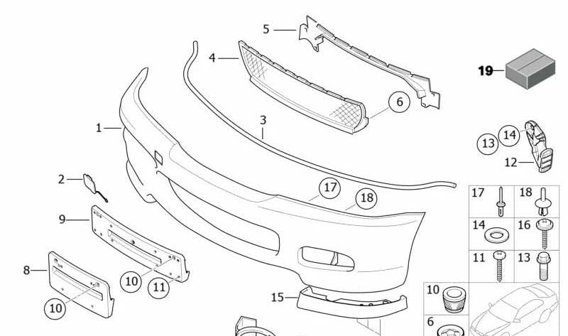 Revestimiento parachoques imprimado delantero para BMW Serie 3 E46 (OEM 51117893057). Original BMW