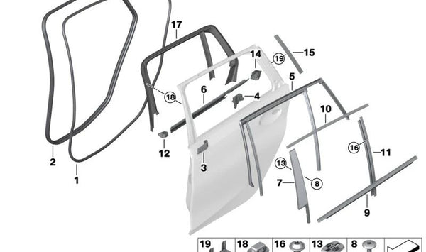 Embellecedor de marco de ventana puerta trasera izquierda para BMW Serie 3 G21, G81 (OEM 51337465175). Original BMW