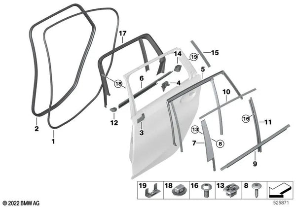 Cubierta exterior del canal, puerta trasera izquierda para BMW Serie 3 G21, G21N, G81 (OEM 51357465181). Original BMW