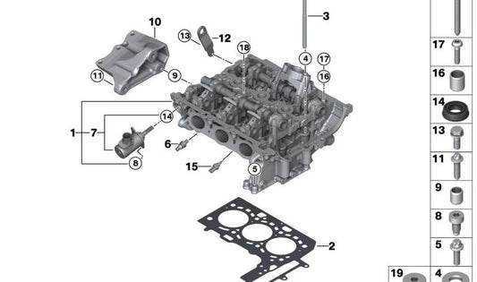 Cylinder head with valve timing for BMW F40 1 Series, F44 2 Series, F45N, F46, F46N, X1 F48, F48N, X2 F39, MINI F54, F55, F56, F57, F60 (OEM 11121019163). Original BMW