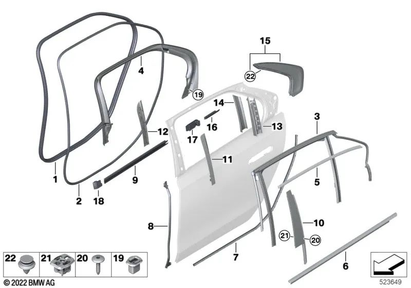 Moldura del marco de la ventana puerta trasera izquierda para BMW Serie 7 G70 (OEM 51359447491). Original BMW.