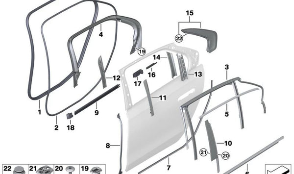 Moldura exterior derecha guía ventana OEM 51355A08998 para BMW F20, F21, F22, F23, F45, F46. Original BMW.